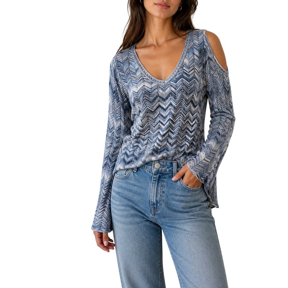 White House Black Market Blue Chevron Cold Shoulder V-Neck Knit Tunic Top XS
